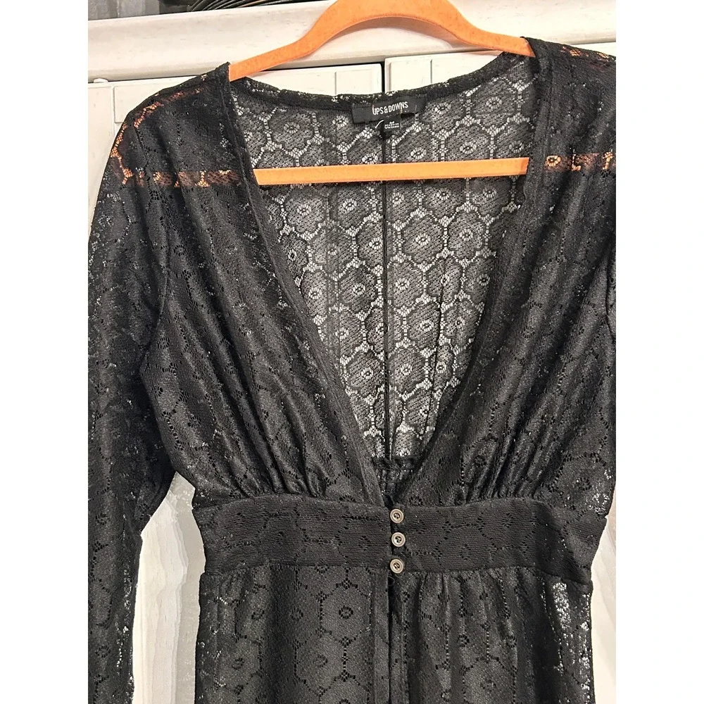 Black Sheer Lace Duster Maxi Cardigan Long Sleeve Beach Cover up
